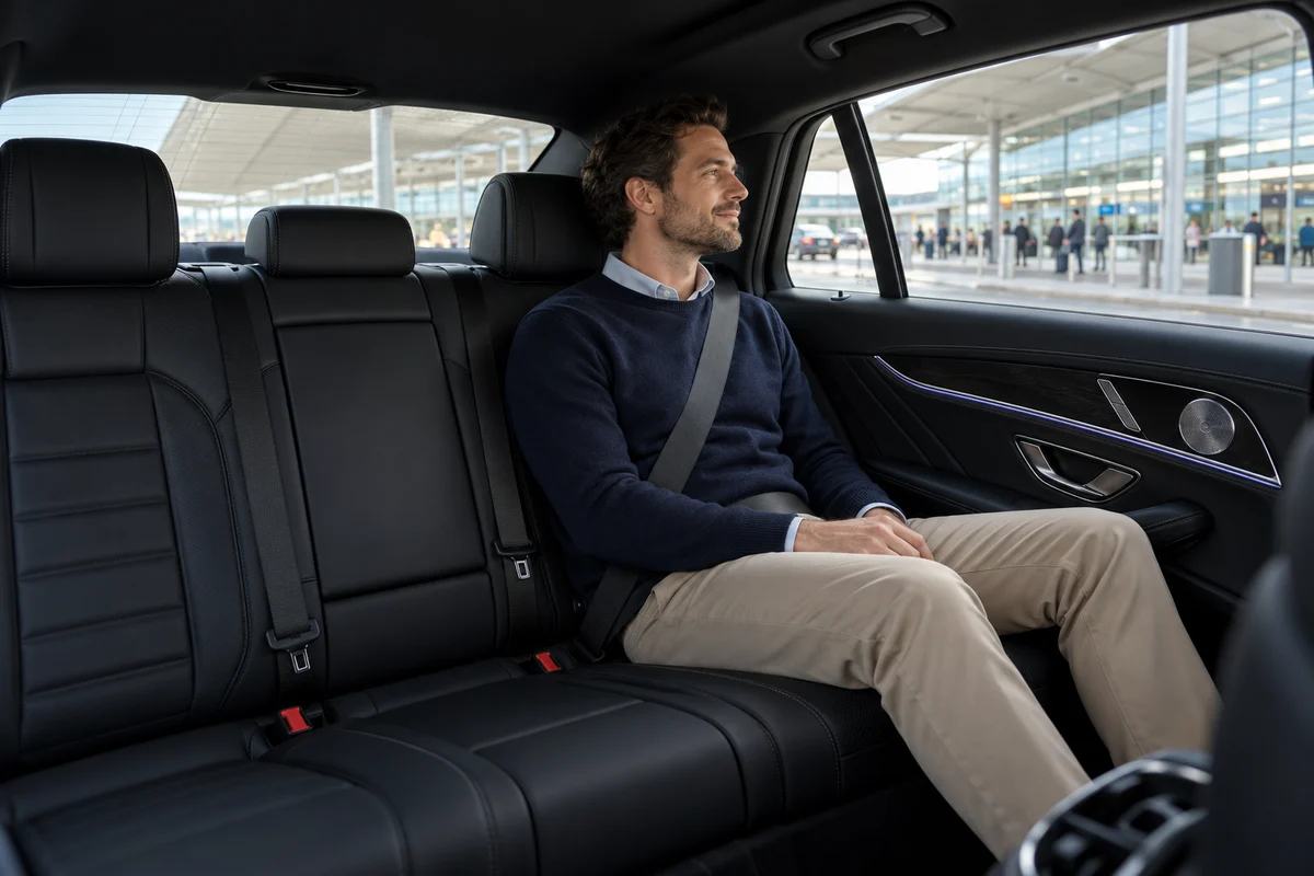 Illustrative scene of a traveller seated by the rear window in a black Mercedes cabin, with an airport terminal outside