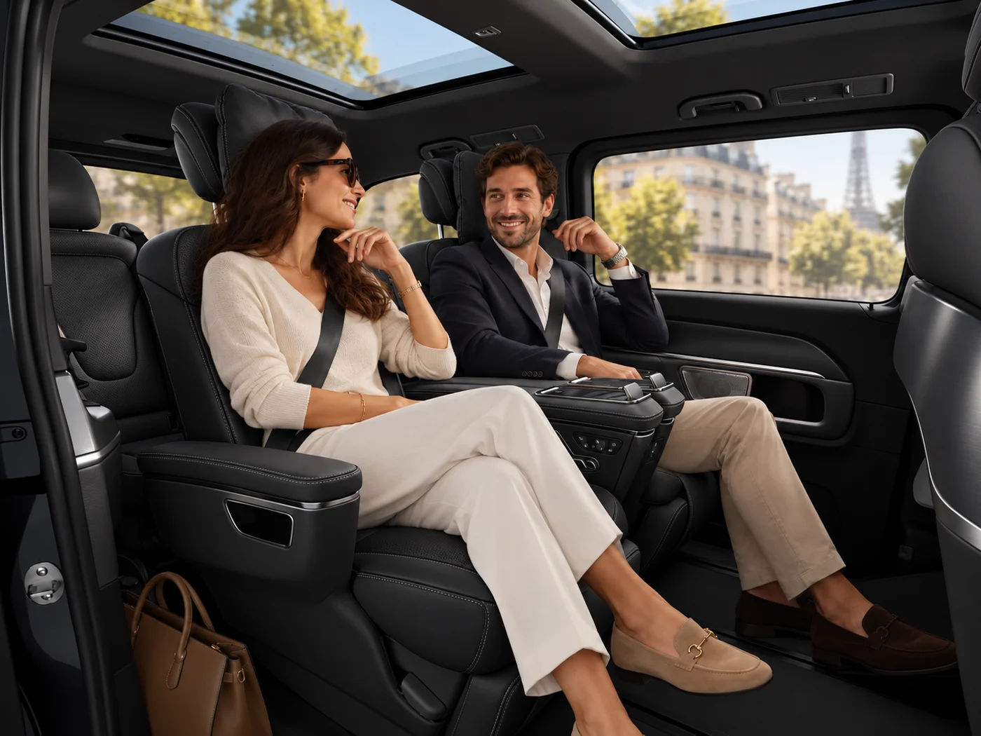 Illustrative scene of two passengers sharing a conversation in a Mercedes-Benz V-Class